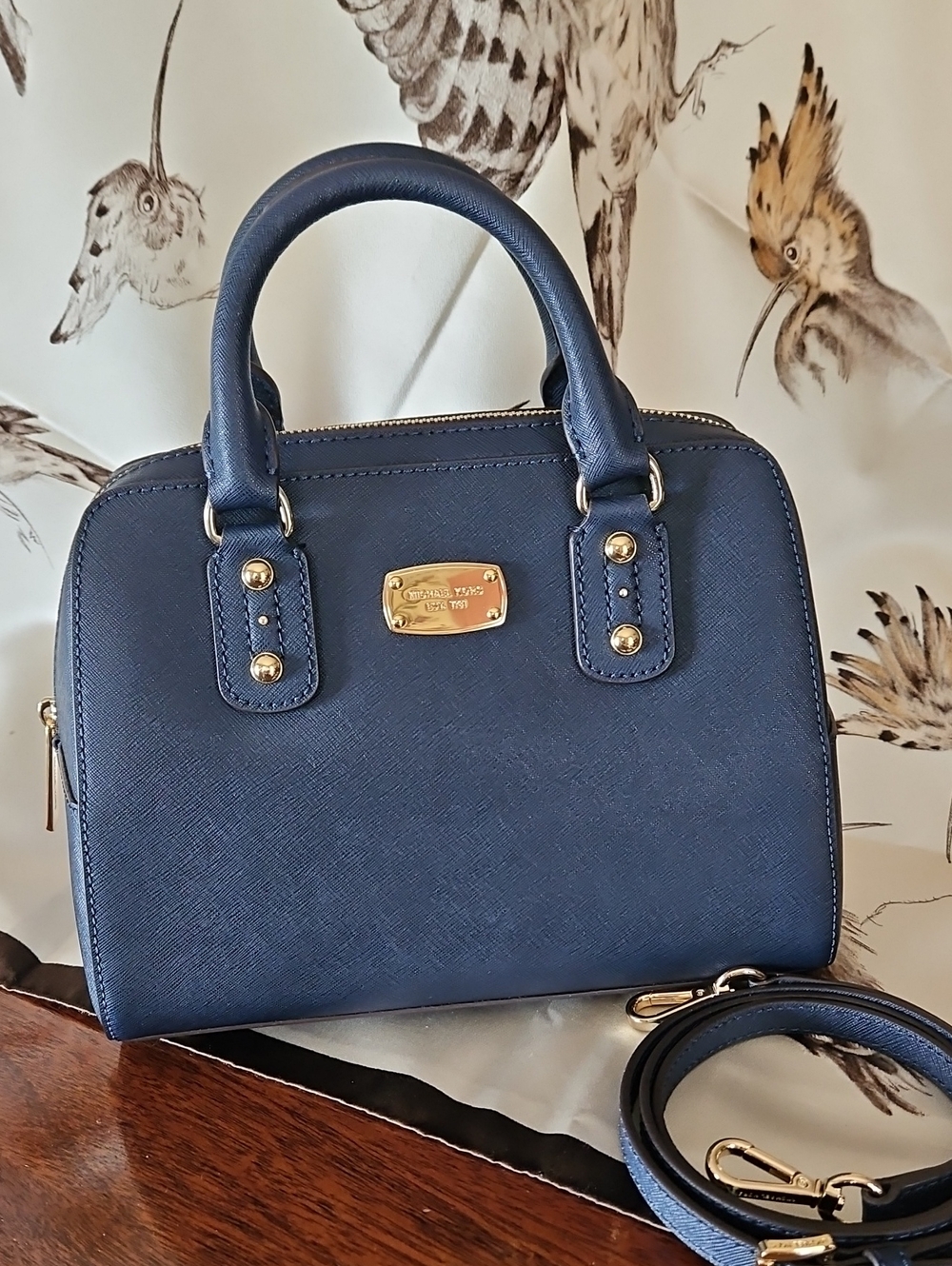 MICHAEL KORS Navy Saffiano Leather Satchel/Crossbody Bag with Gold Hardware